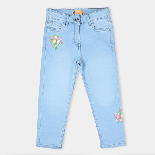 Girls Denim Stretch  Pant EMB Bunch-LIGHT BLUE