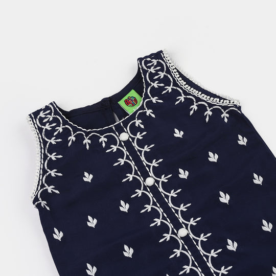 Infant Girls Poly Cambric Emb Kurti (Little Bagum) - Navy Blue