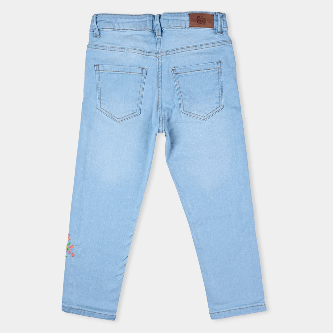 Girls Denim Stretch  Pant EMB Bunch-LIGHT BLUE