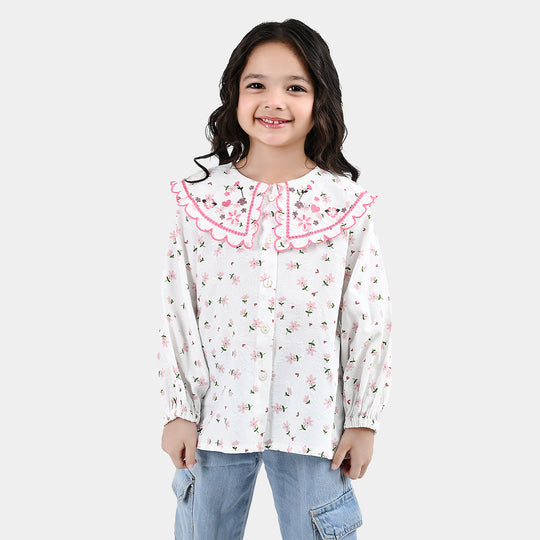 Girls Polyester Emb Top Starlit-White