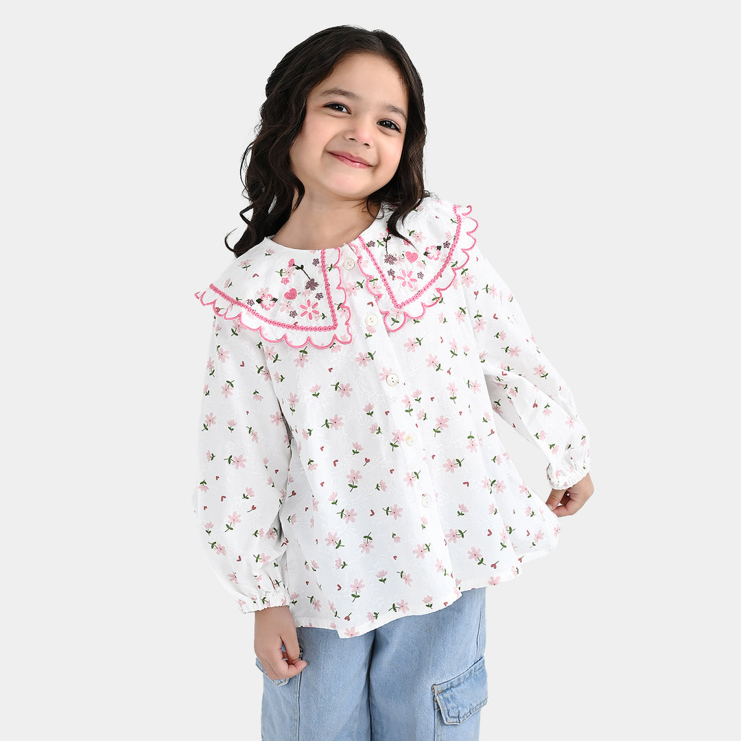 Girls Polyester Emb Top Starlit-White