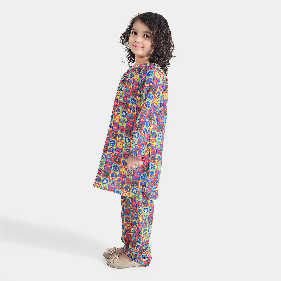 Girls Poly Net Printed 2Pcs Color Blocks Ind-Multi