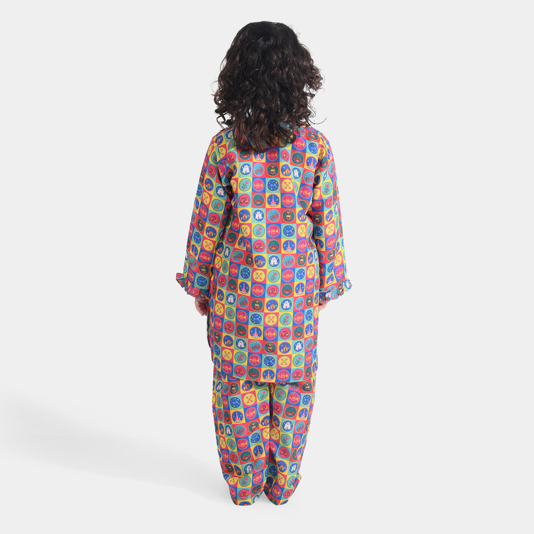 Girls Poly Net Printed 2Pcs Color Blocks Ind-Multi