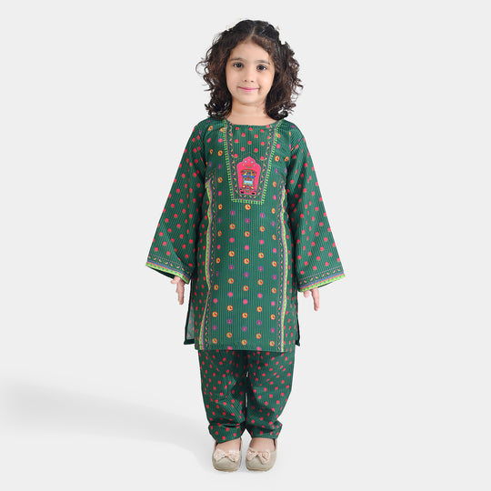 Girls Poly Net Printed 2Pcs Suit Truck Art Ind-GREEN