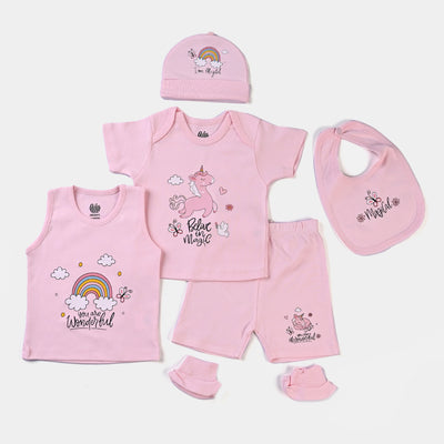 Infant Girls Cotton Poplin 6 Piece Set (T-Shirt/Cap/Bib/Socks/Sando/Short)-mix