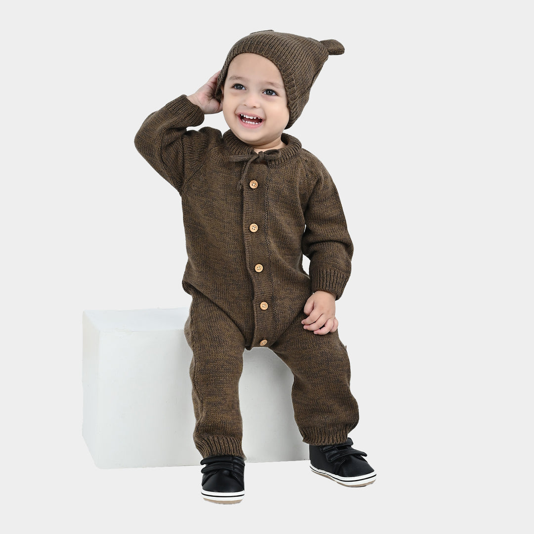 Infant Boys Acrylic Romper With Cap Bear-BROWN