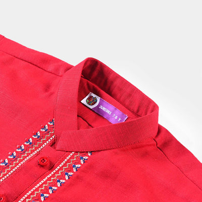 Boys Cotton Slub Embroidered Kurta (Blended EMB)-Reddish