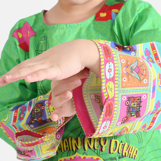 Girls Cotton Printed Kurti Dill Sa Pakistan Ind-L.Green