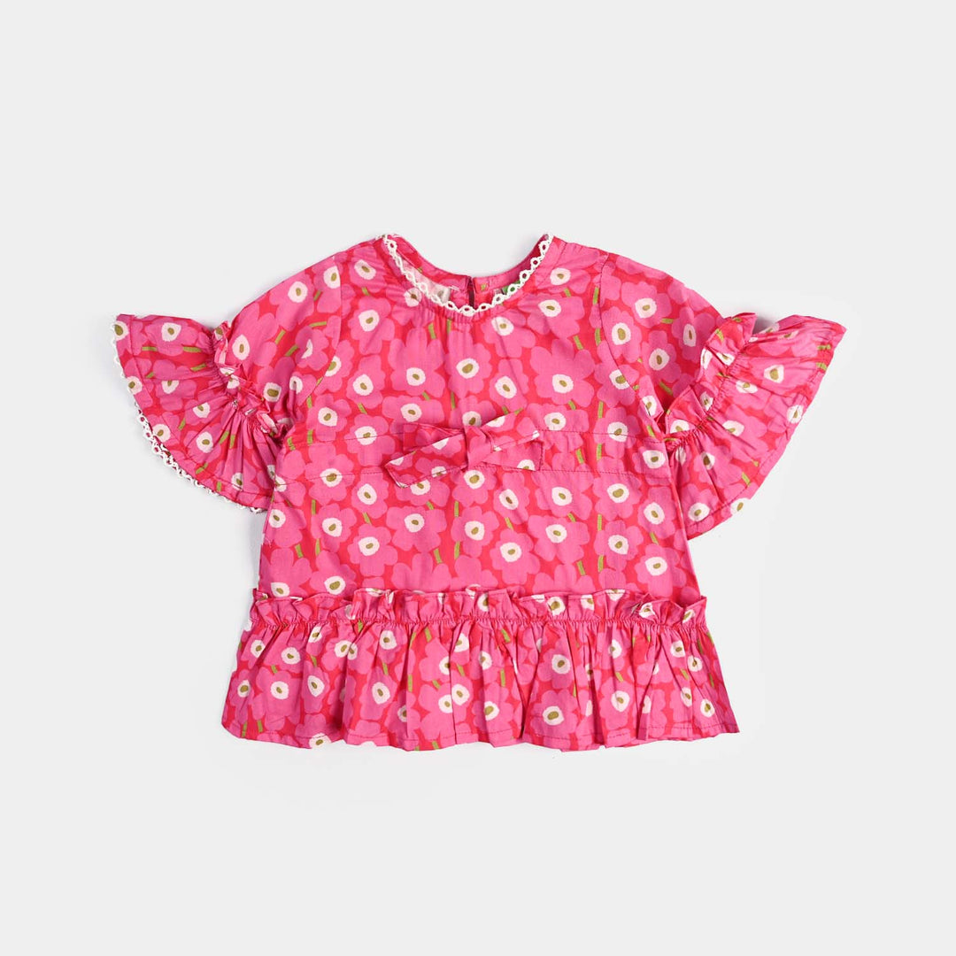 Infant Girls Cotton Poplin Casual Frock Shocking Pink Frill-Hot Pink