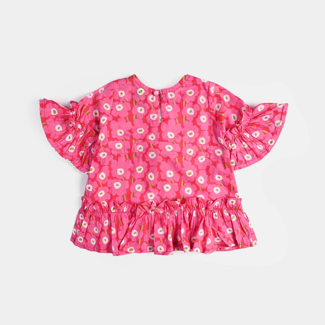 Infant Girls Cotton Poplin Casual Frock Shocking Pink Frill-Hot Pink