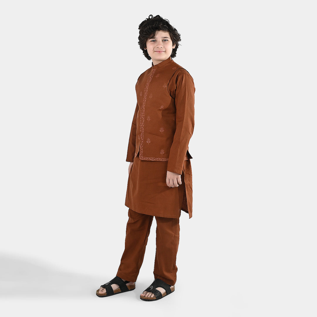 Boys Cotton Slub 3-Piece Suit - Brown