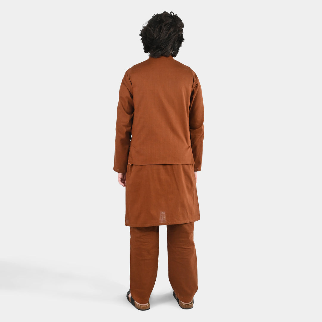 Boys Cotton Slub 3-Piece Suit - Brown