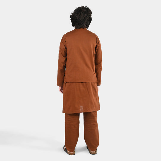 Boys Cotton Slub 3-Piece Suit - Brown