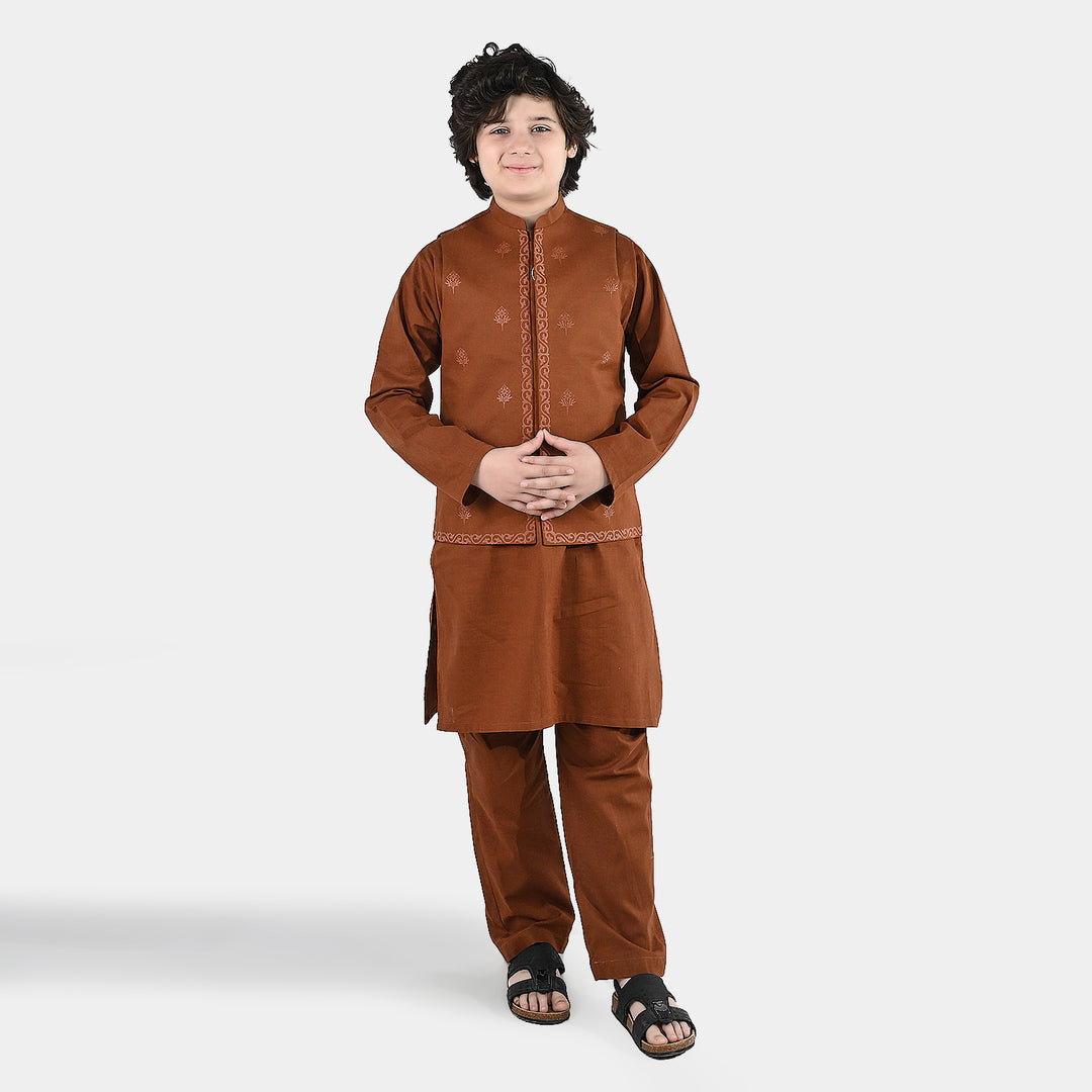 Boys Cotton Slub 3-Piece Suit - Brown
