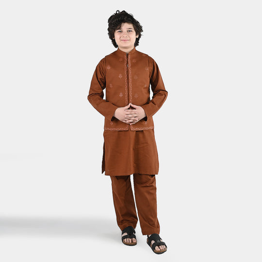 Boys Cotton Slub 3-Piece Suit - Brown