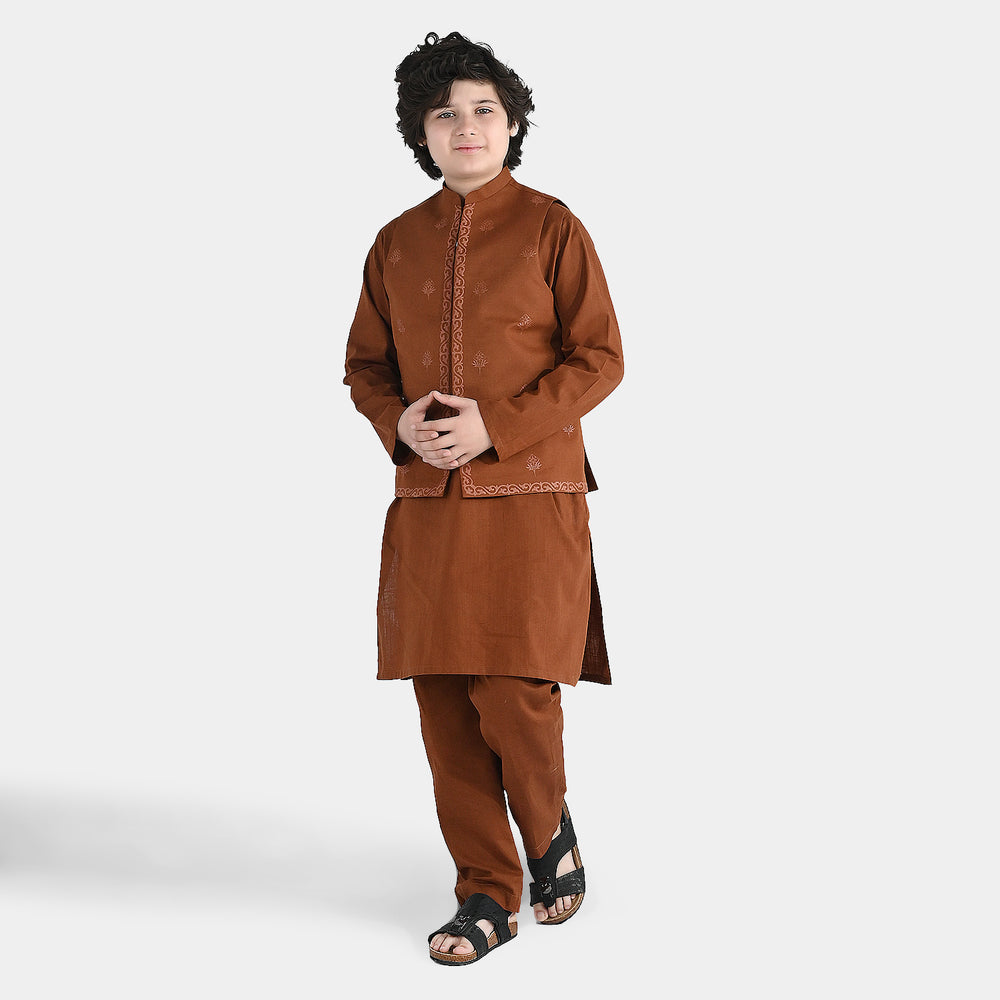 Boys Cotton Slub 3-Piece Suit - Brown