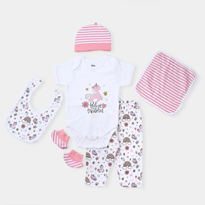 Infant Girls Cotton Poplin 6 Piece Set (Romper/Cap/Bib/Sock/Wash Clothe/Pajama)-mIX