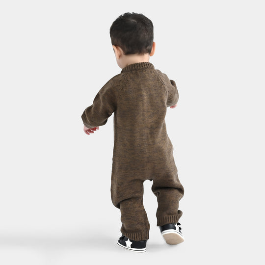 Infant Boys Acrylic Romper With Cap Bear-BROWN