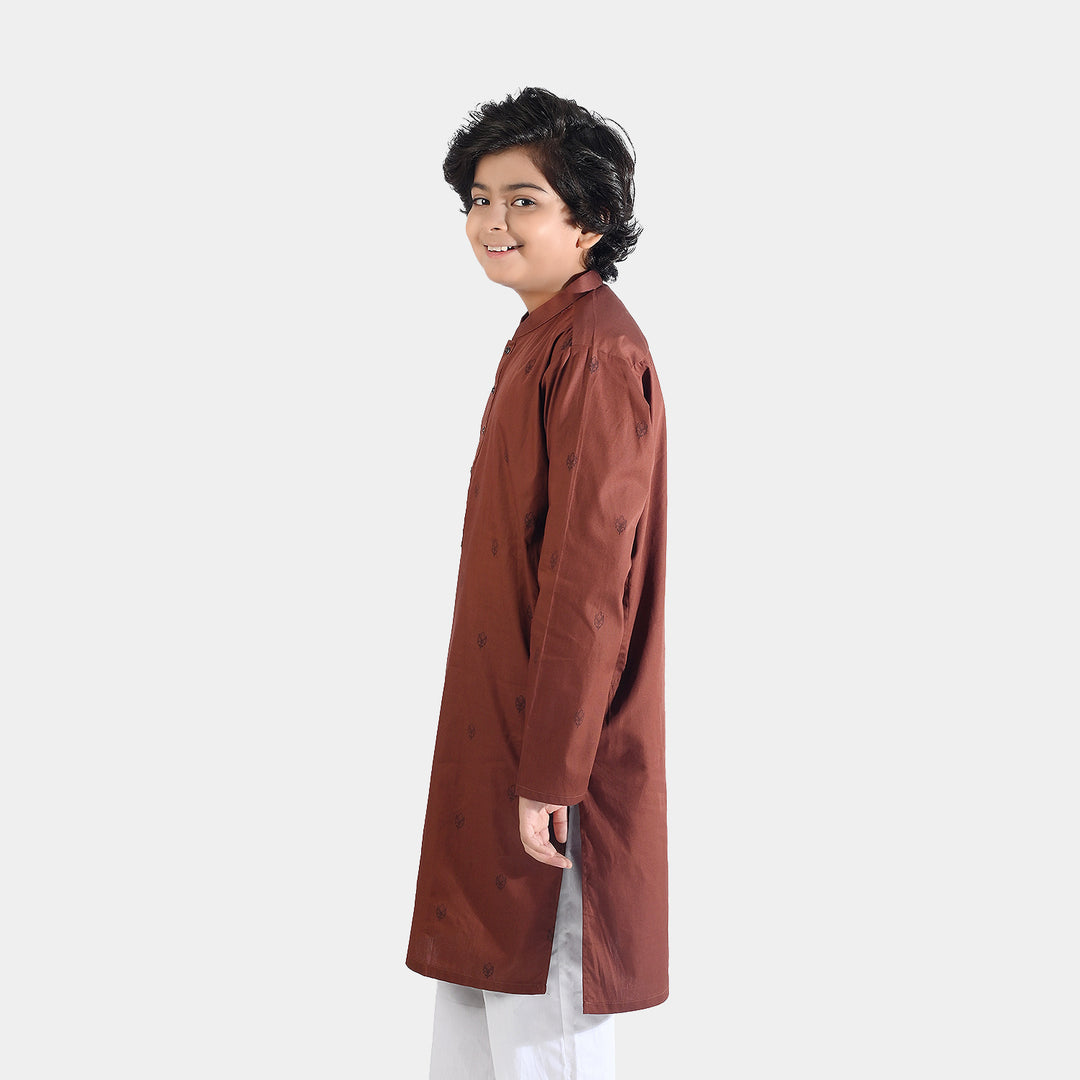 Boys Cotton Poplin Printed Kurta (Fudge Sickle)-BROWN