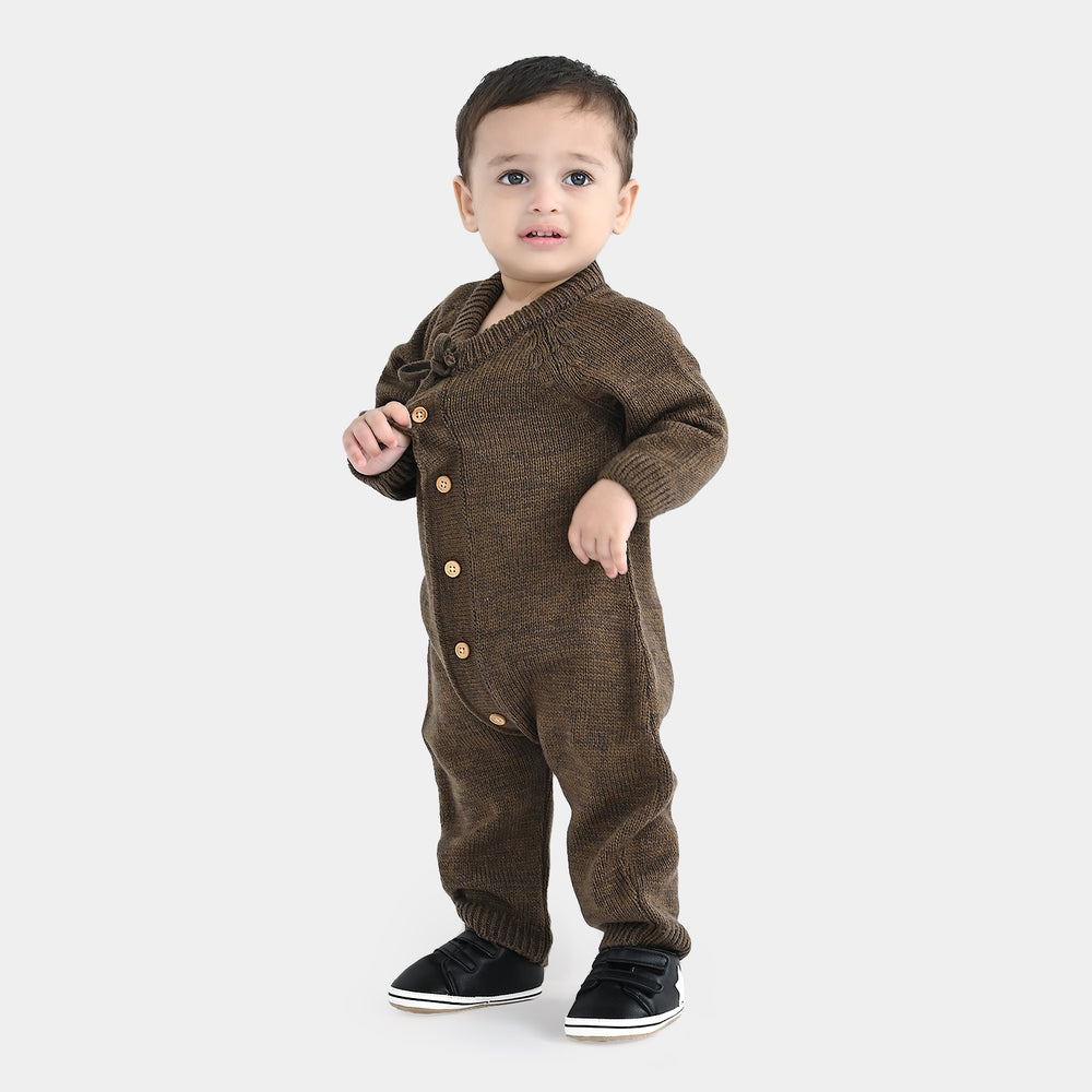 Infant Boys Acrylic Romper With Cap Bear-BROWN