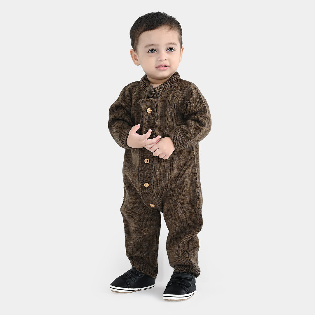 Infant Boys Acrylic Romper With Cap Bear-BROWN
