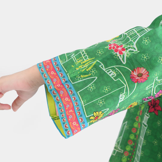 Girls Cotton Printed Kurti Floral Monuments Ind-GREEN