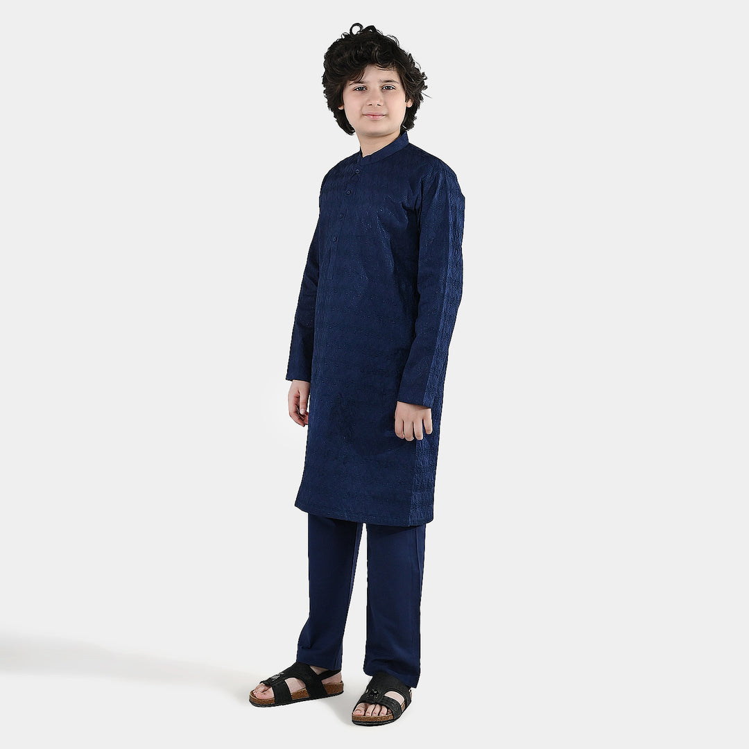 Boys Cotton Poplin Kurta Pajama (Chicken Kari) - Blue
