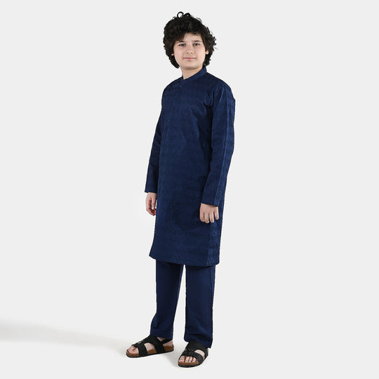 Boys Cotton Poplin Kurta Pajama (Chicken Kari) - Blue