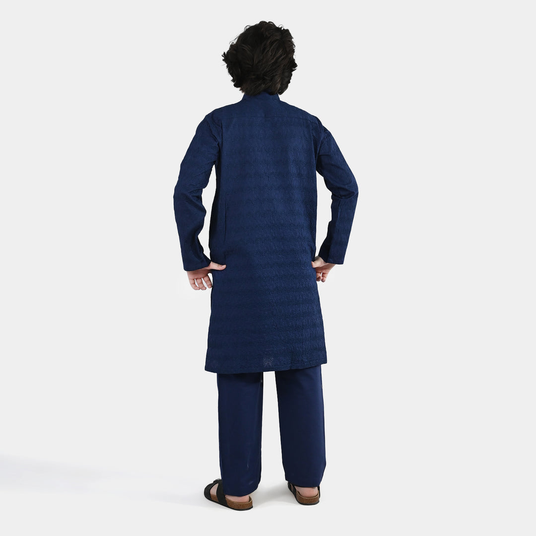 Boys Cotton Poplin Kurta Pajama (Chicken Kari) - Blue