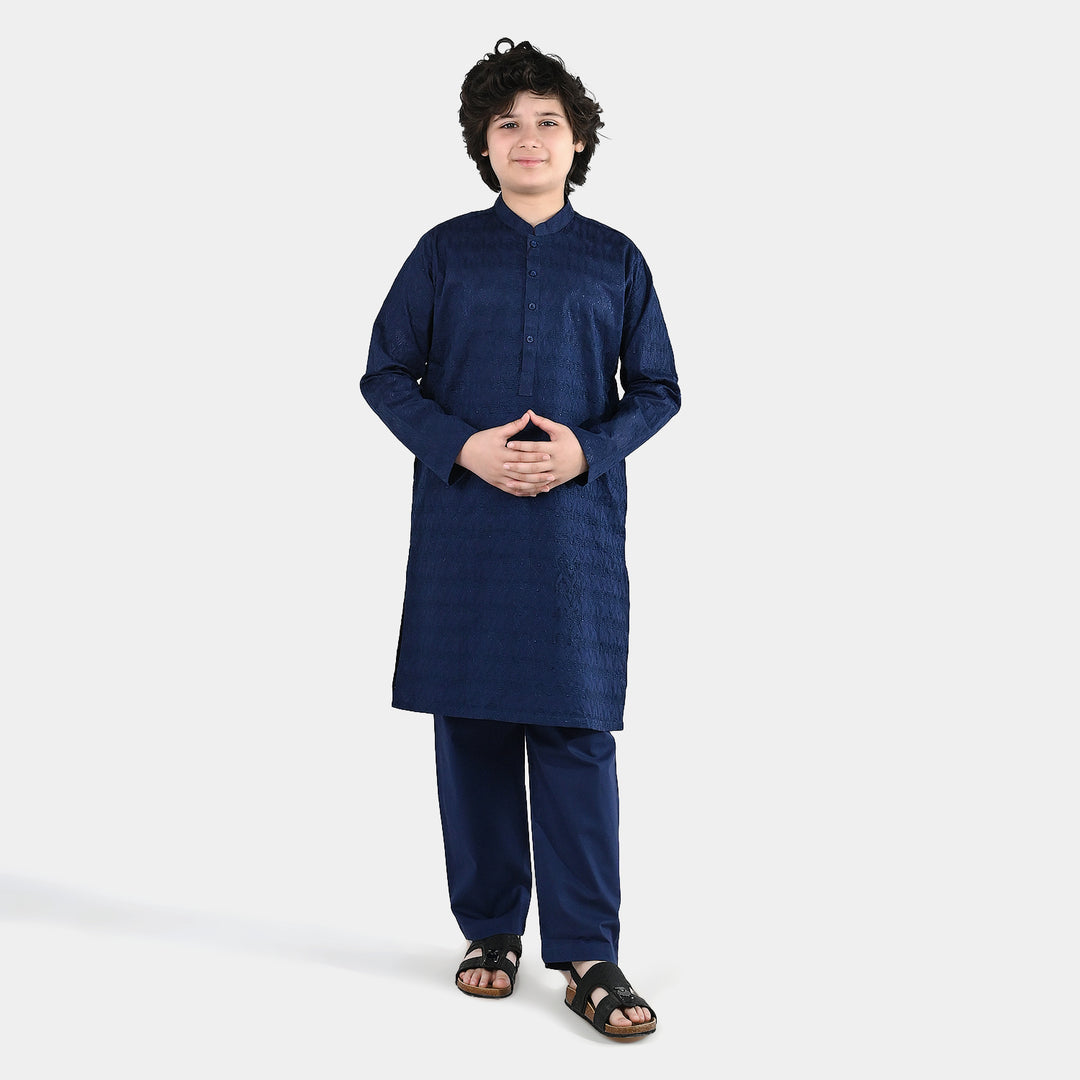 Boys Cotton Poplin Kurta Pajama (Chicken Kari) - Blue