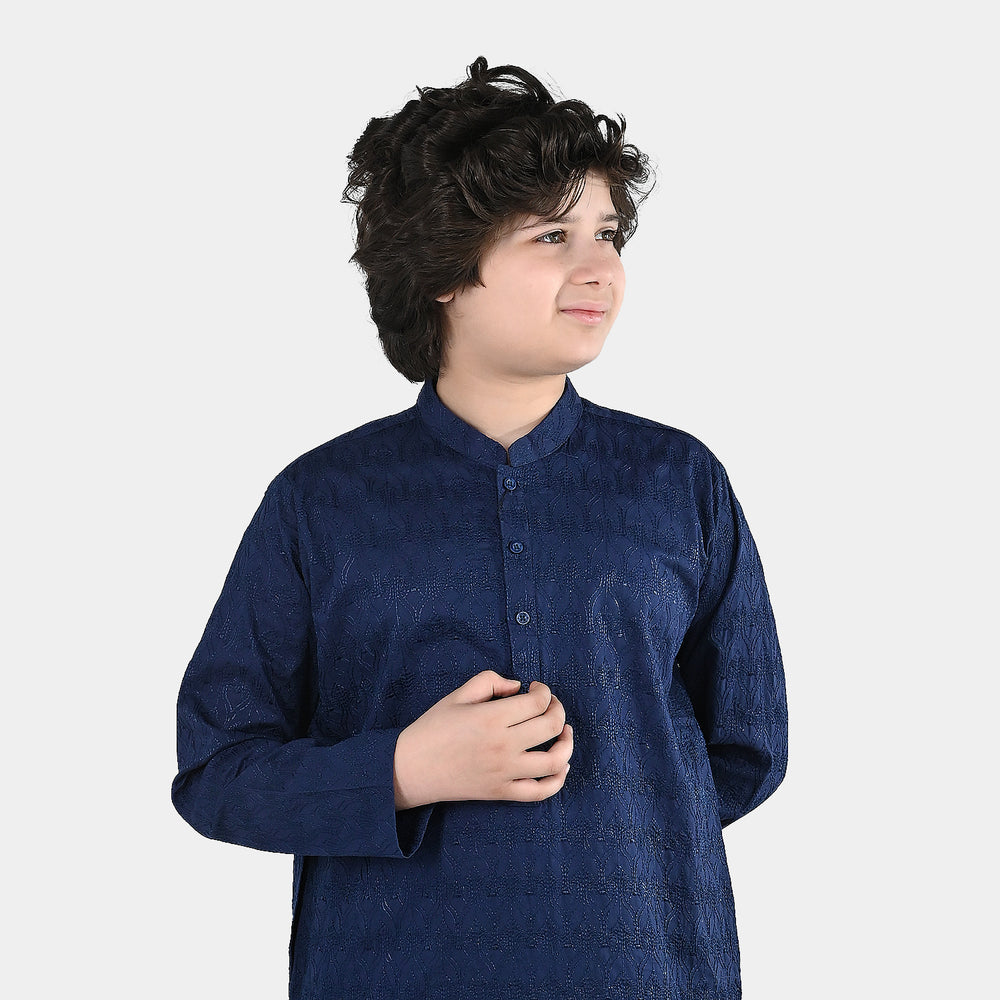 Boys Cotton Poplin Kurta Pajama (Chicken Kari) - Blue