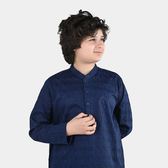 Boys Cotton Poplin Kurta Pajama (Chicken Kari) - Blue