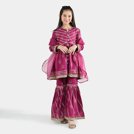 Girls Jacquard 3-Piece Suit (Raunaq) - Magenta