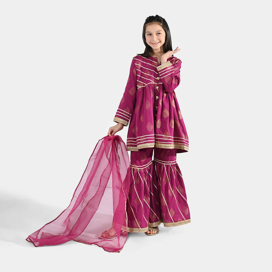 Girls Jacquard 3-Piece Suit (Raunaq) - Magenta