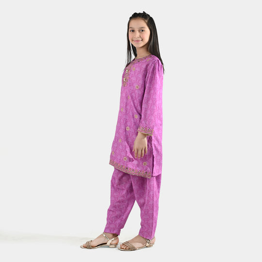 Girls Poly Lawn 2Pcs (Chamak) - Purple