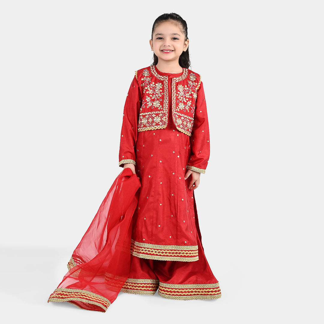 Girls Raw Silk 4Pcs Chamak Dhamak-RED