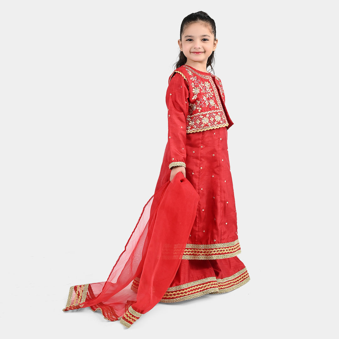 Girls Raw Silk 4Pcs Chamak Dhamak-RED
