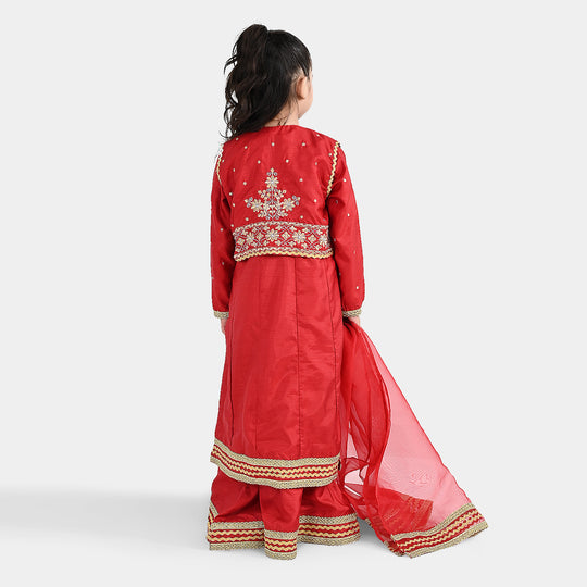 Girls Raw Silk 4Pcs Chamak Dhamak-RED