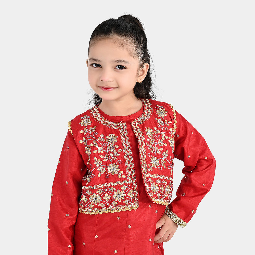 Girls Raw Silk 4Pcs Chamak Dhamak-RED