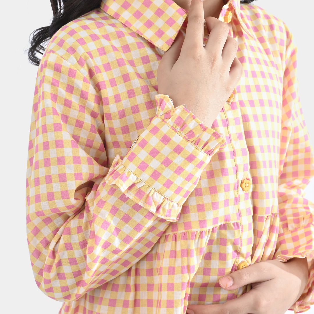 Girls Cotton Poplin Co-Ord Set Checks-YELLOW