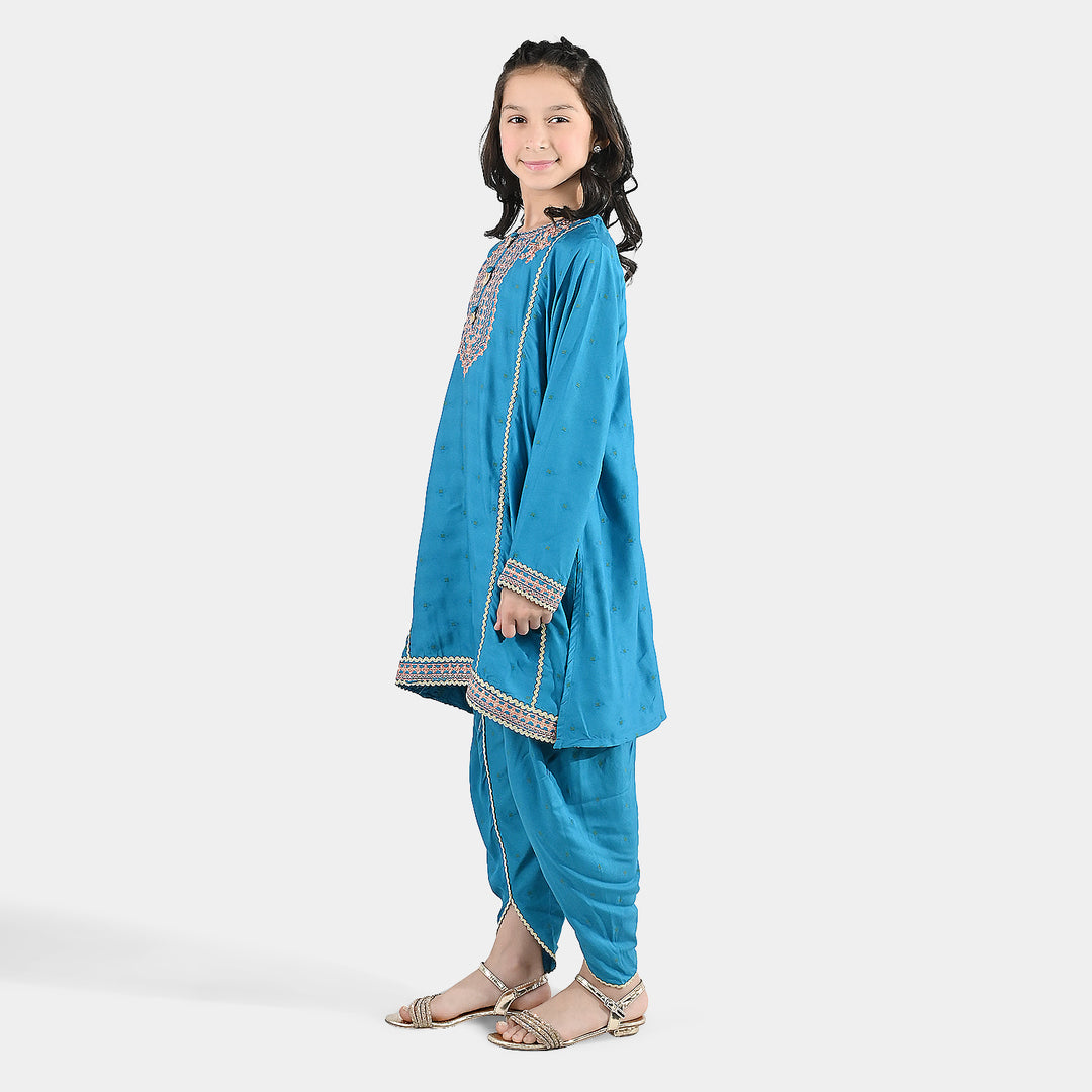 Girls Jacquard Embroidered Suit (Aabroo) - Teal/Blue
