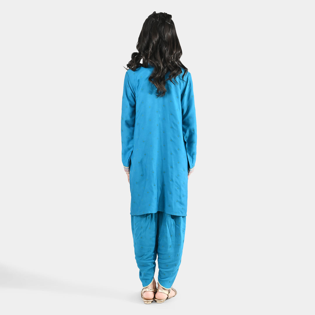 Girls Jacquard Embroidered Suit (Aabroo) - Teal/Blue