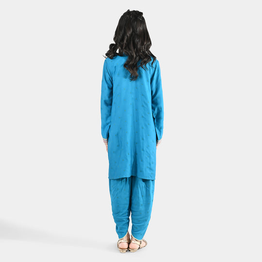 Girls Jacquard Embroidered Suit (Aabroo) - Teal/Blue