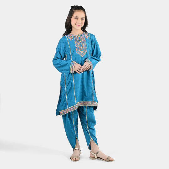 Girls Jacquard Embroidered Suit (Aabroo) - Teal/Blue