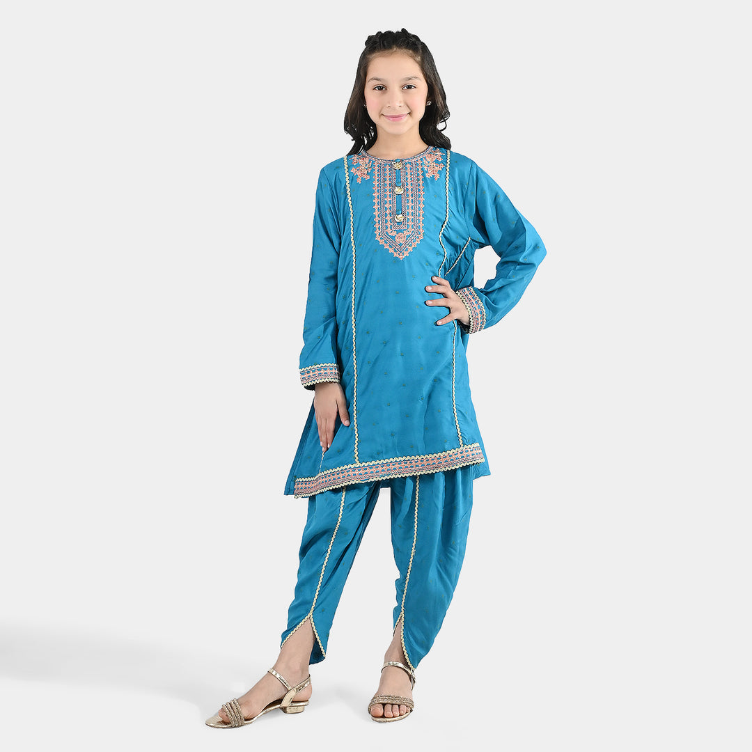 Girls Jacquard Embroidered Suit (Aabroo) - Teal/Blue