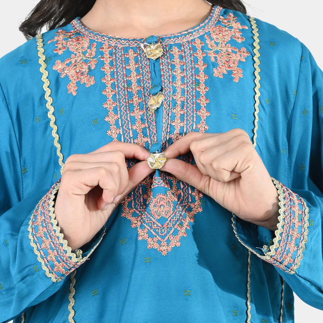 Girls Jacquard Embroidered Suit (Aabroo) - Teal/Blue