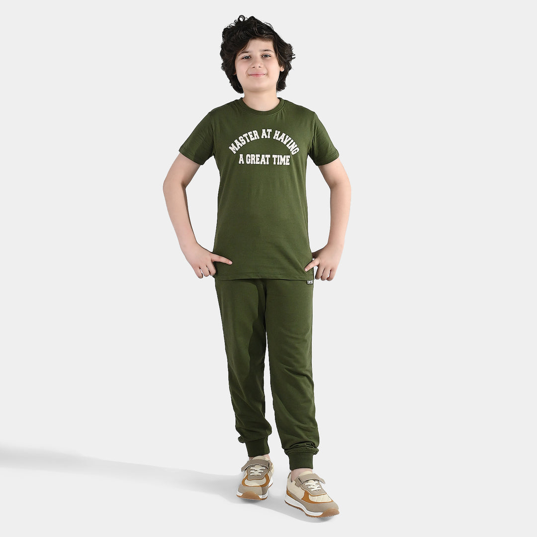 Boys Jersey/Terry 2 Piece Suit A Great Time - Olive Green