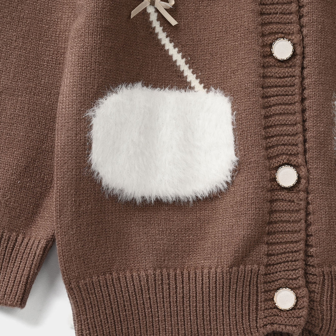 Infant Girls Acrylic Sweater-Fluffy Pocket-D.Brown