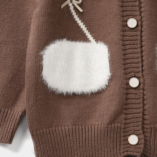 Infant Girls Acrylic Sweater-Fluffy Pocket-D.Brown