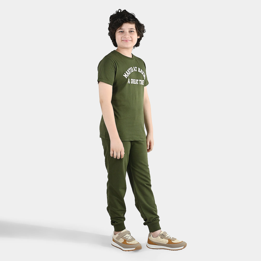 Boys Jersey/Terry 2 Piece Suit A Great Time - Olive Green